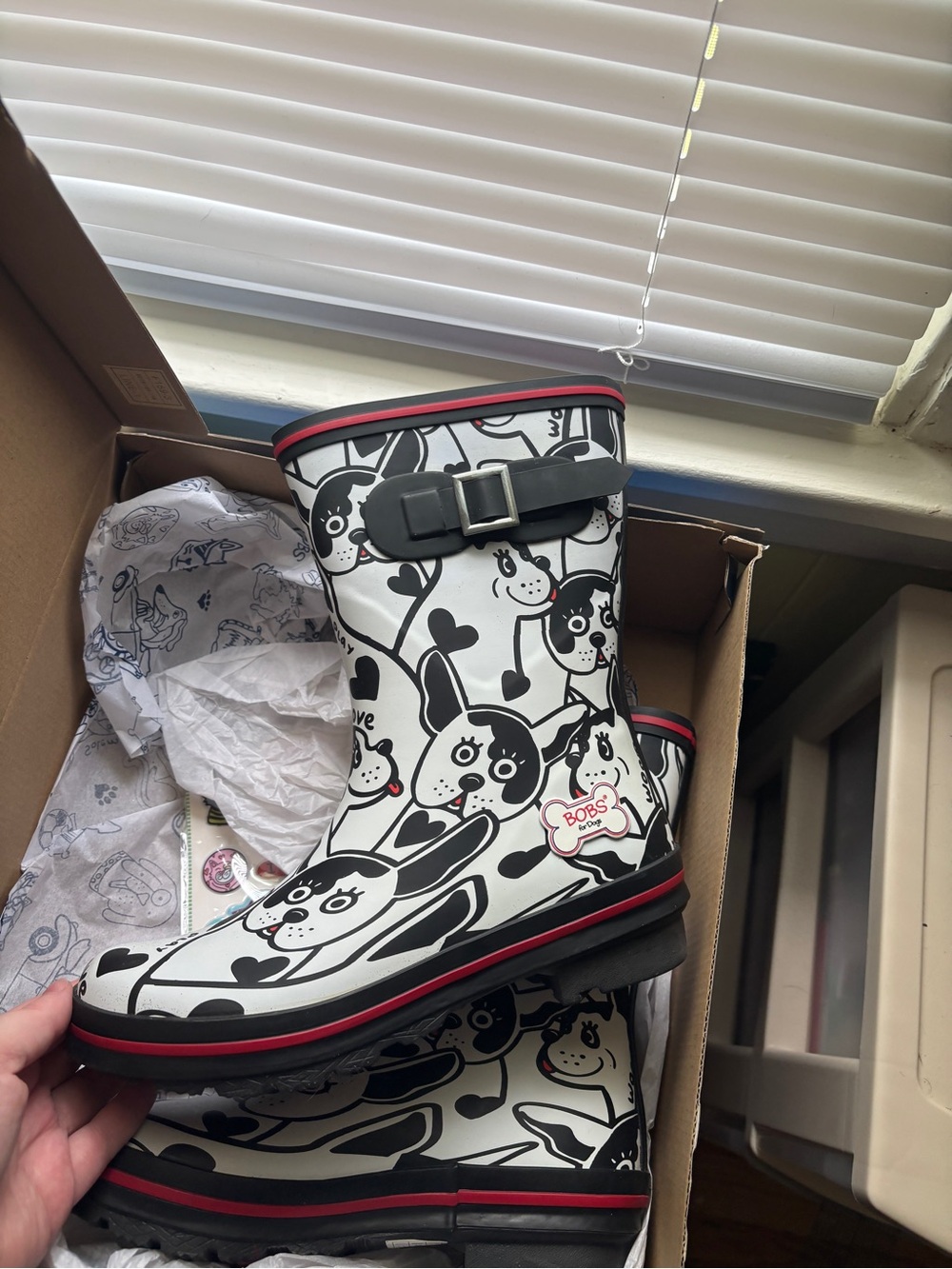 BOBS by Skechers Black & White Dog Print Rain Boots
